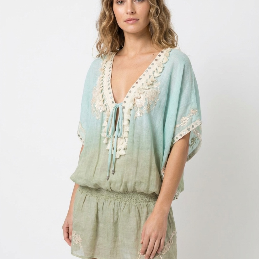 Vanita Rosa St. Barth Linen Kaftan Tunic Dress Ombre Blue‎ Green Size S-M